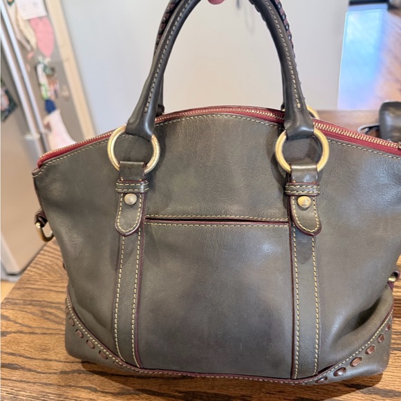 Dooney & Bourke Olive Leather Satchel with Burgundy Trim and Brass Hardware - Picture 6 of 13